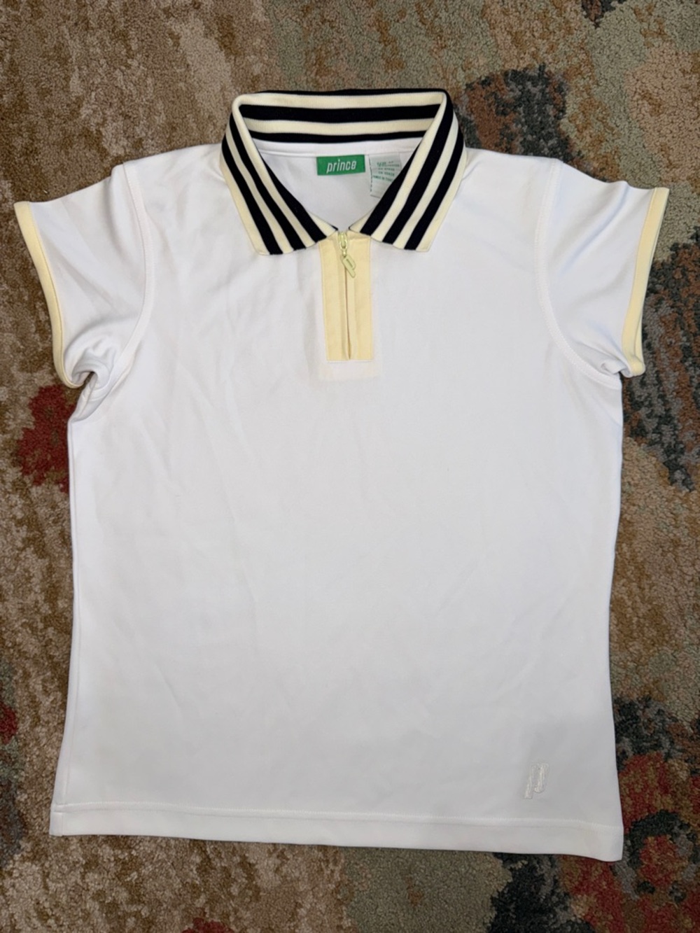 Golf Prince White Polo with Black and Cream Striped Collar